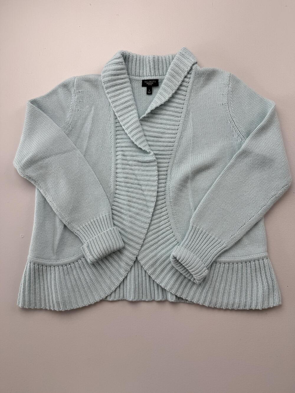 Talbots Sweater Cardigan Womens Petites S Blue Shawl Collar Open Front Knit